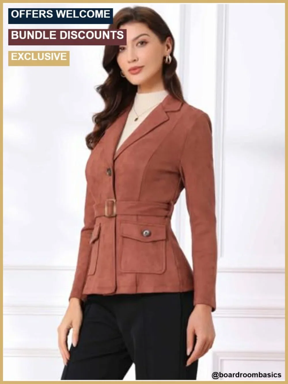 Faux Suede Belted Blazer with Pockets for Women